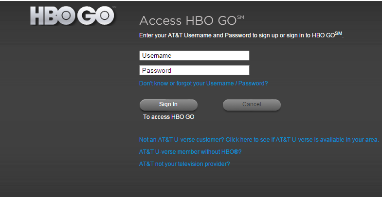 Game of Thrones Streaming Error: HBO login page