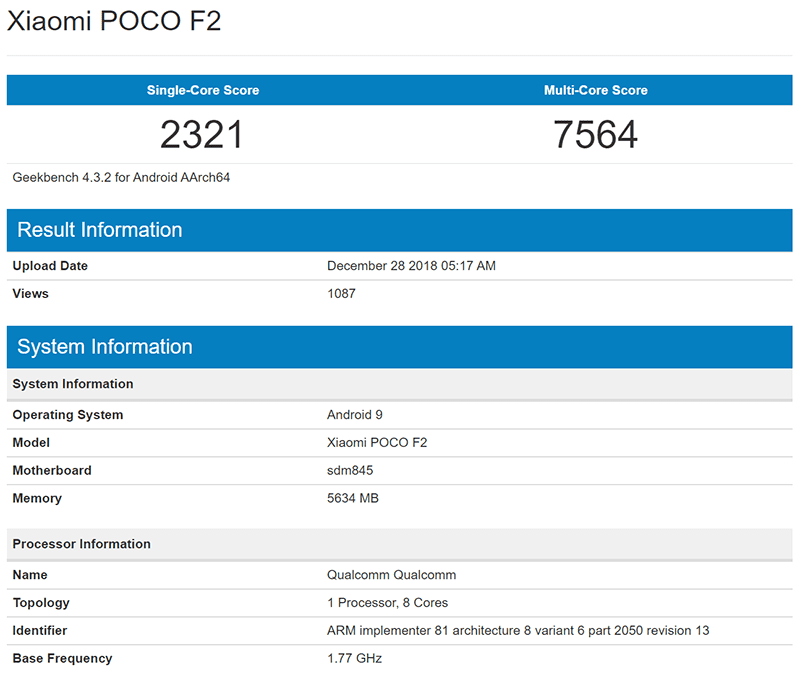 Xiaomi Pocophone F2 geekbench score