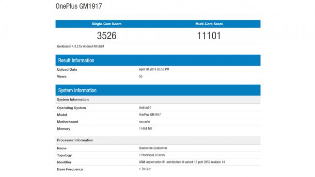 OnePlus 7 (possibly the top-end variant) has been spotted on Geekbench 