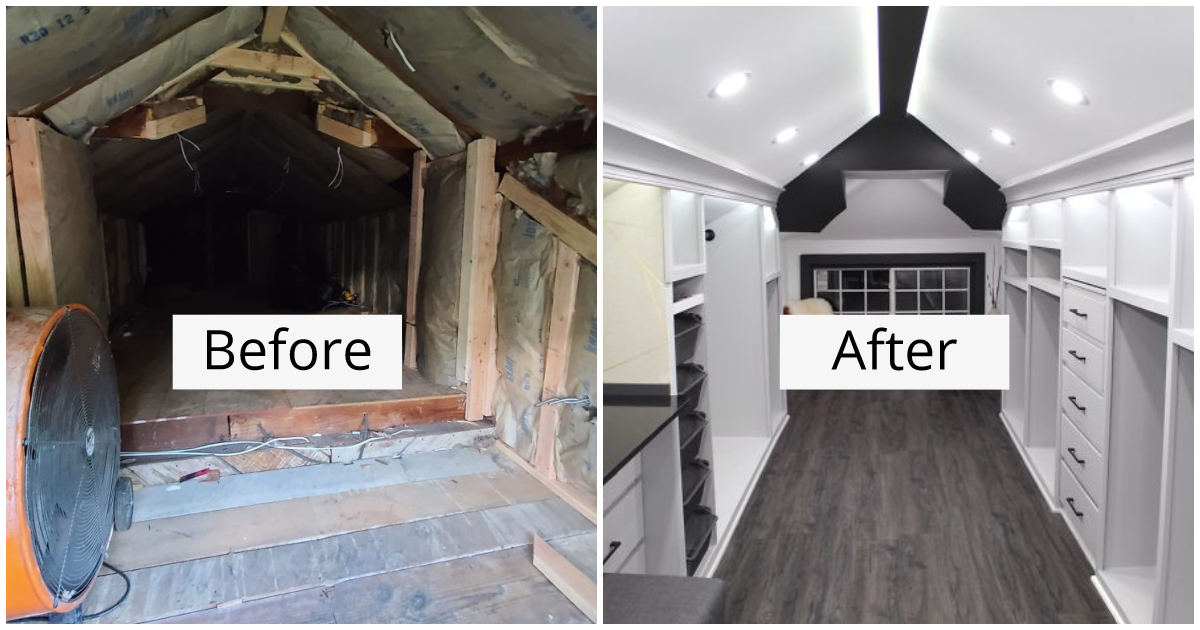 Guy turns a creepy old attic into a beautiful walkin closet for his wife